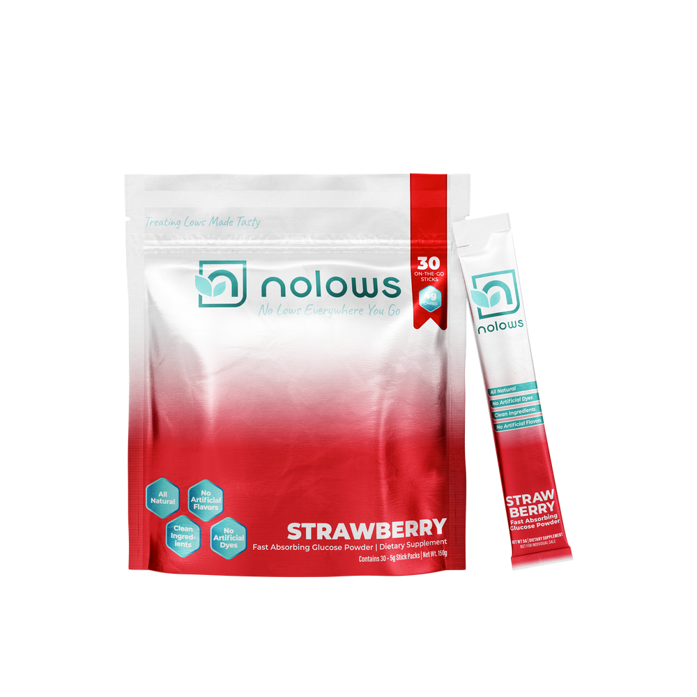 Nolows Front facing Fast Absorbing Strawberry Glucose Powder with 30 Count Pouch And Stick Pack 30 Count 